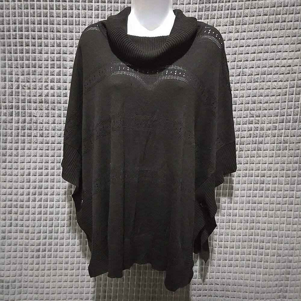 Black Openknit Sweater Poncho Shawl SzMed+ Oversized Lightweight Soft Lagenlook